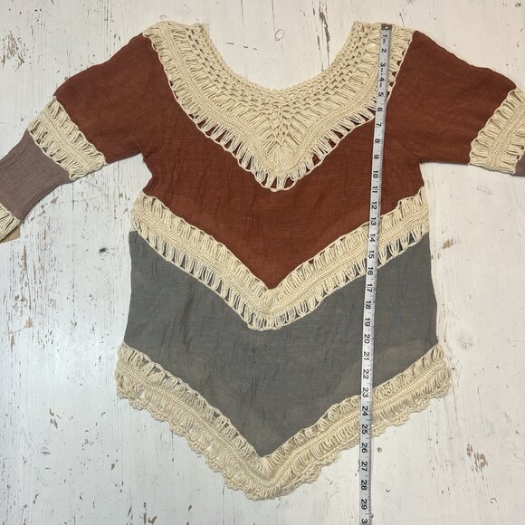 Crochet Tunic Top Shirt Sz M 100% Cotton Boho Color Block Long Slv Flowy Western - Picture 11 of 14